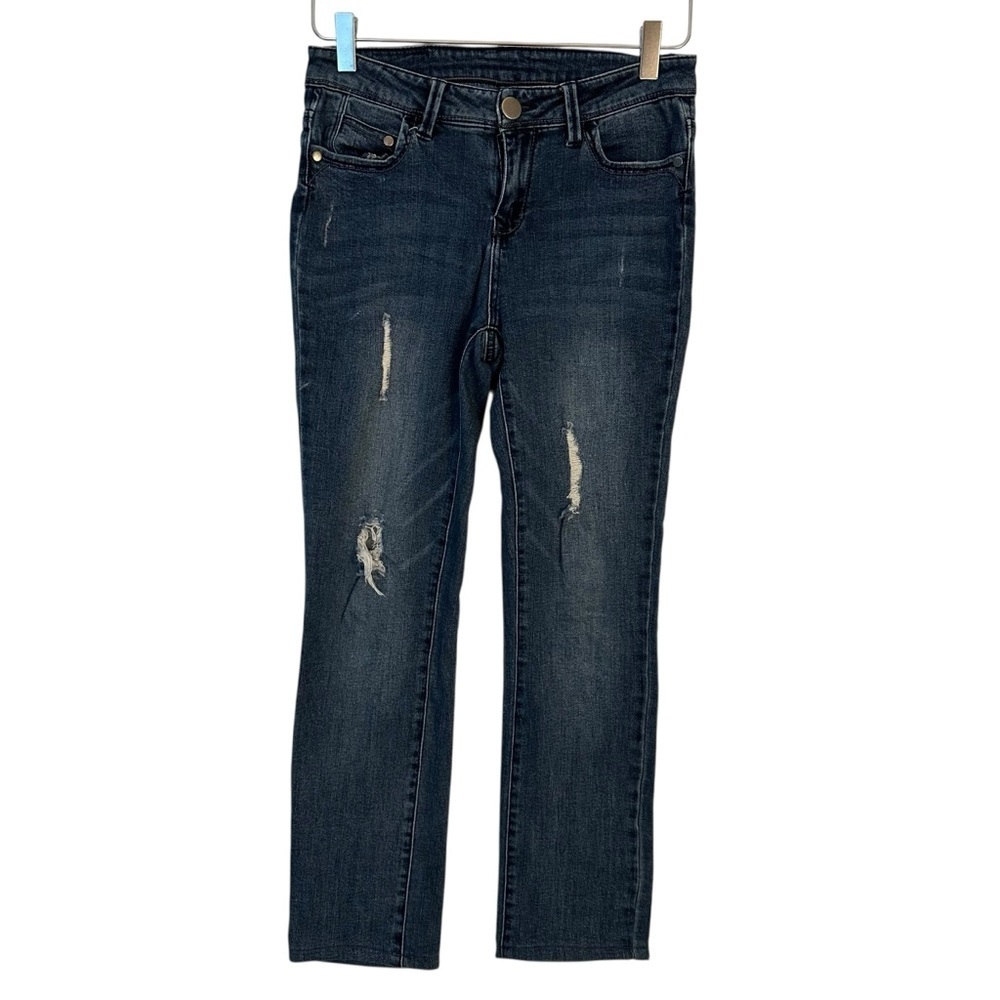 Elan | Women's Dark Blue Medium Wash Distressed Jeans Size Small